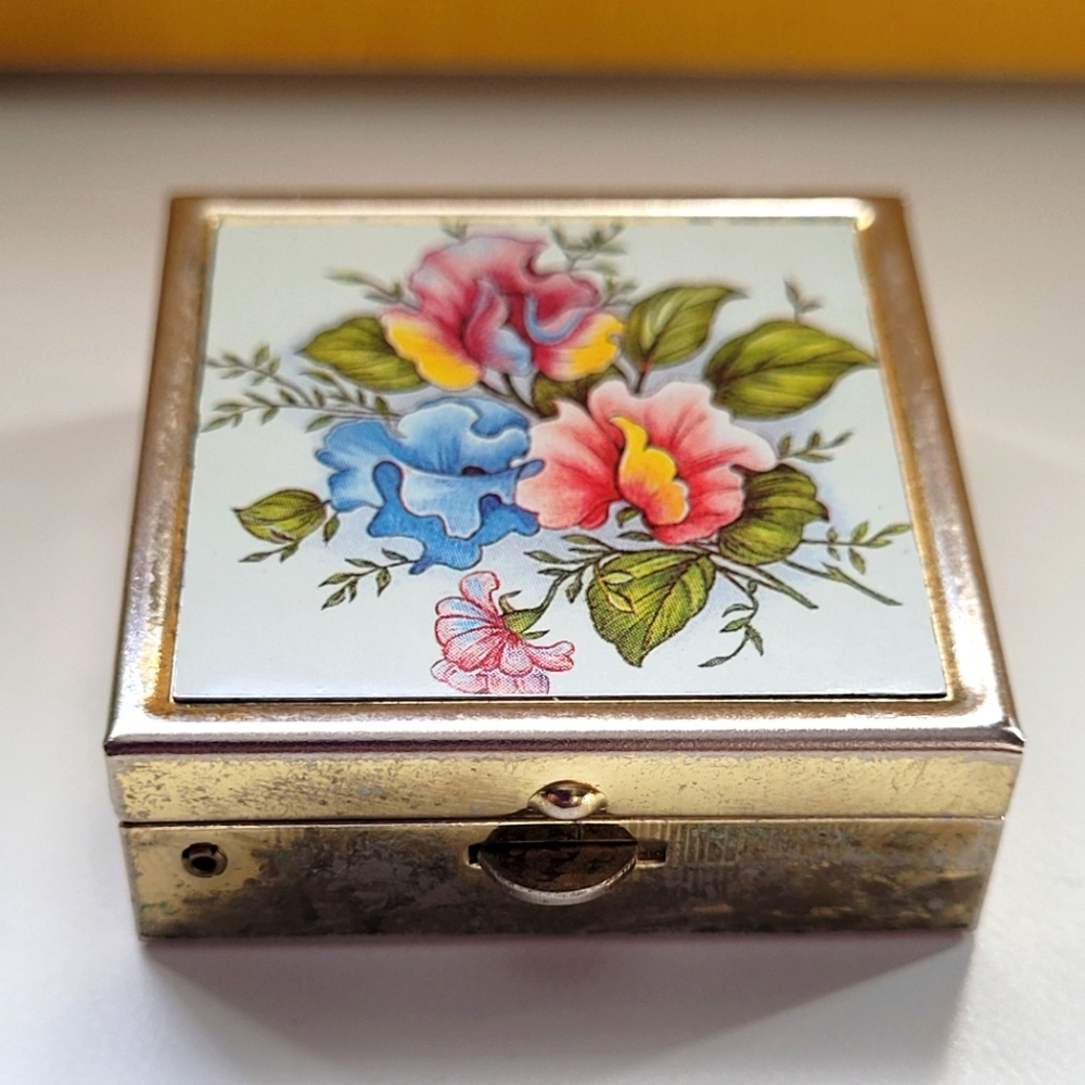 Vintage Floral Trinket Box with Gold Trim